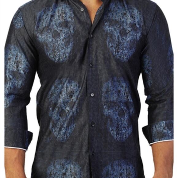 Maceeo Skull Print Button Down Dress Shirt Navy Blue Long Sleeve Small OOAK - Picture 1 of 9